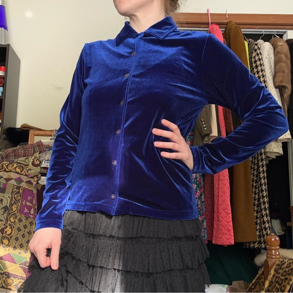 90s Pale Blue Velvet Button-Up Blouse Women’s Size M NWT - Picture 4 of 16